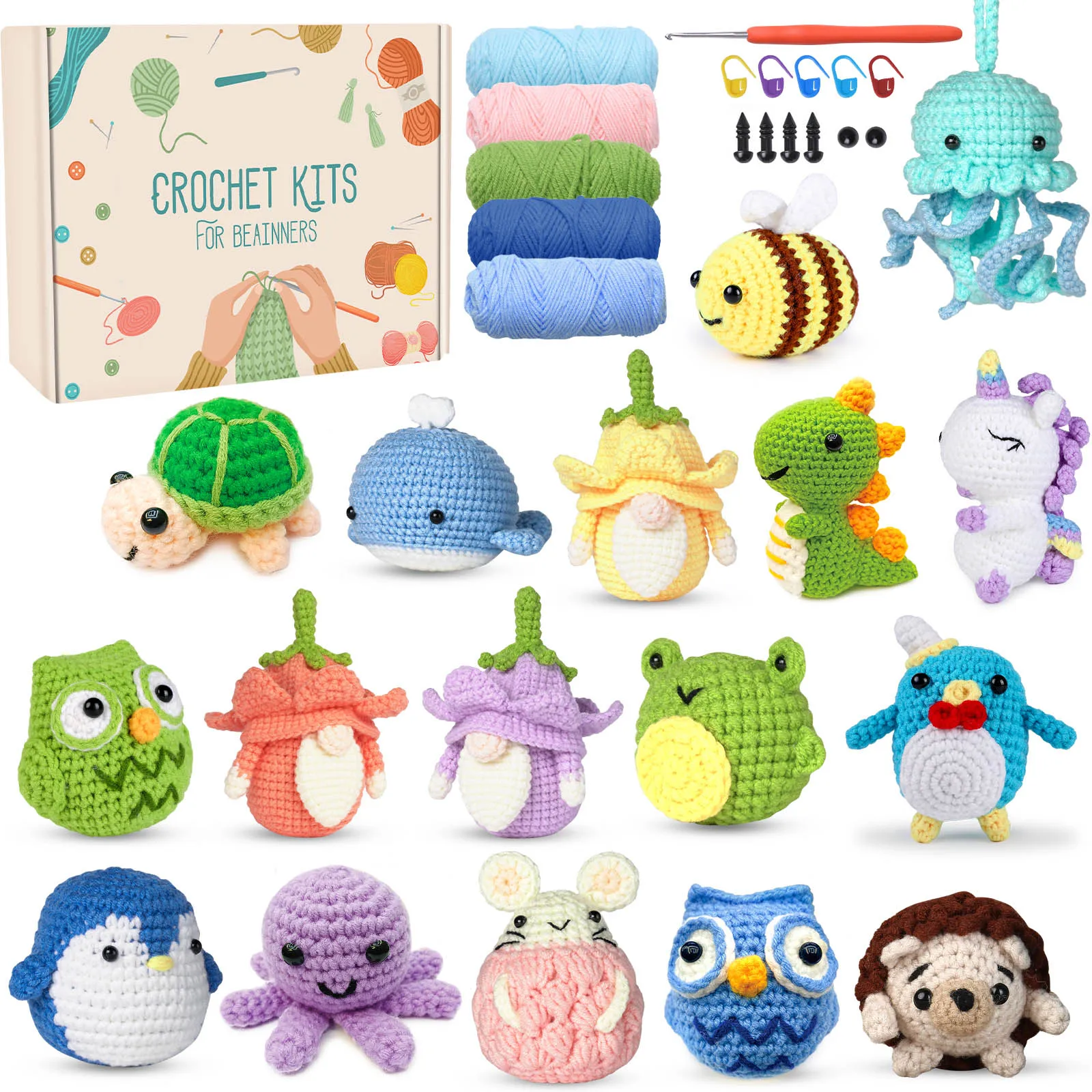 3Pcs DIY Crochet Kit For Beginners Animals Kit Comes With Step-by-Step Instructions Easy Knit Plush Doll Accessories Handmade