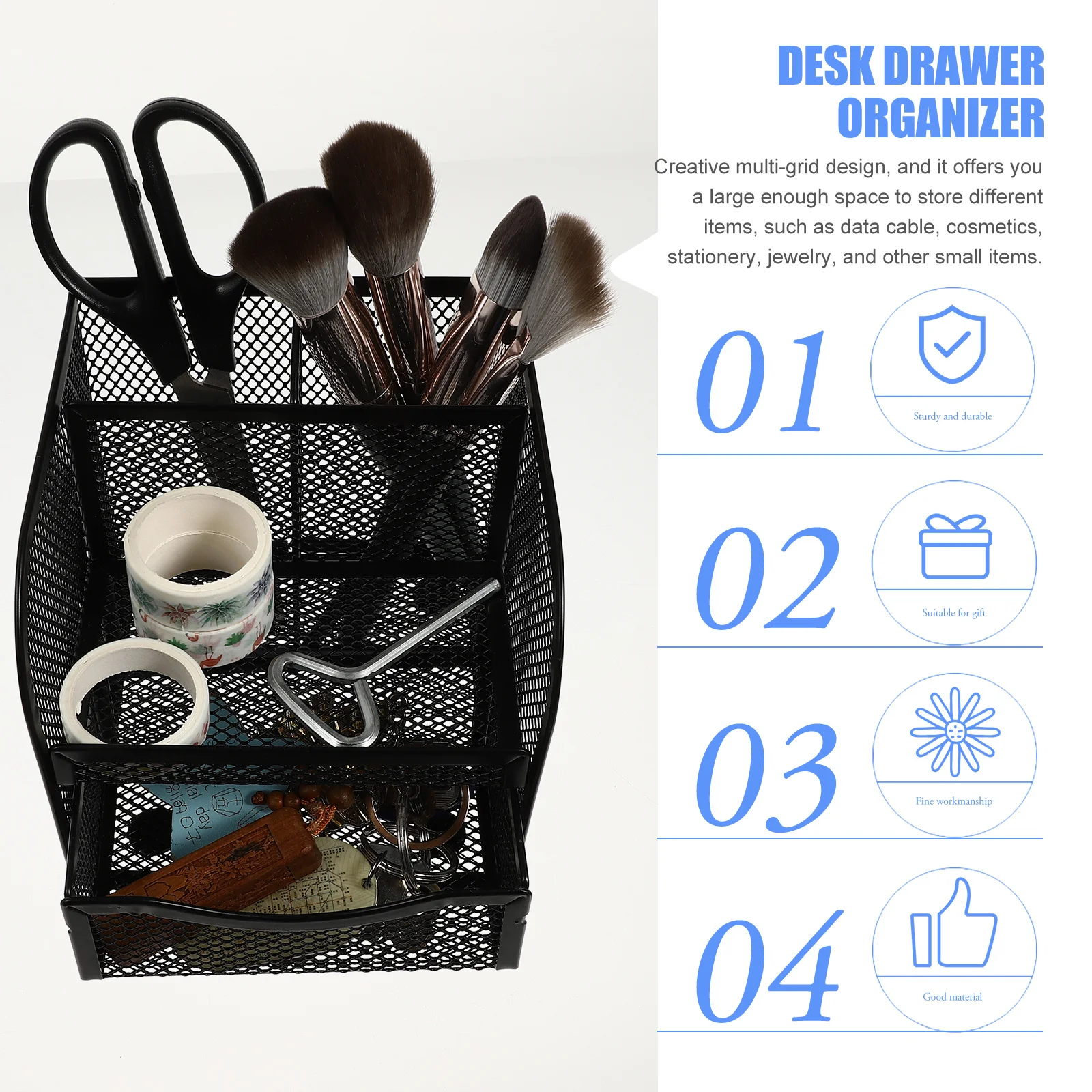 Metal Pen Pencil Organizer Sturdy Multi-Grid Design Large Capacity Storage Box for Desk Home Office School Stationery Cosmetics