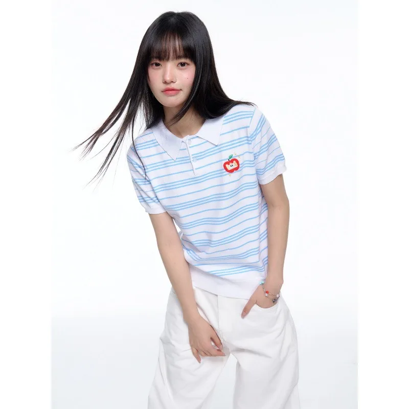 Pure Cotton Short-sleeved T-shirt Knitted Sweater for Women Style Striped Embroidered Shoulder Contrasting Color POLO Collar Top