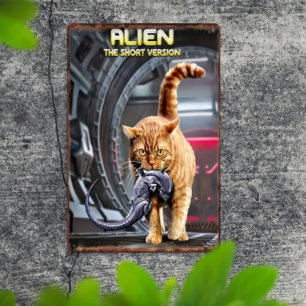 ,  Vintage Aluminum Sign - Retro Alien Poster with Whimsical Cat & Alien Artwork, Waterproof & Dustproof Metal Wall Decor for Ho