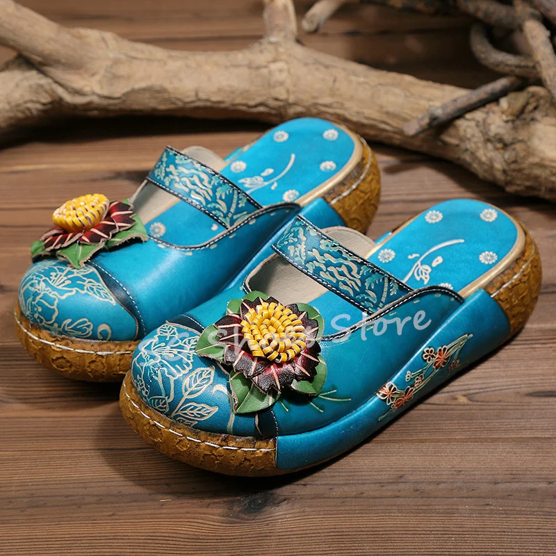 Women Summer Beath Shoes Ethnic Style Mixed Color Flower Decor Slippers Round Toe Chunky Bottom Sandals Ladies Leisure Shoes