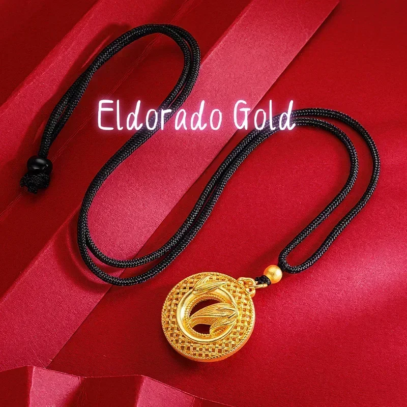 Eldorado Gold  9999 Real Gold 24K Ethnic Stylenational Style Hollow Flower Silk Weaving Pattern Safety Buckle Bamboo Leaf Pendan