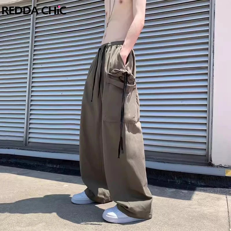 REDDACHIC Hiphop Men Drawstring Cargo Pants Elastic Waist Big Pockets Skater Wide Leg Casual Pants Trousers Harajuku Streetwear