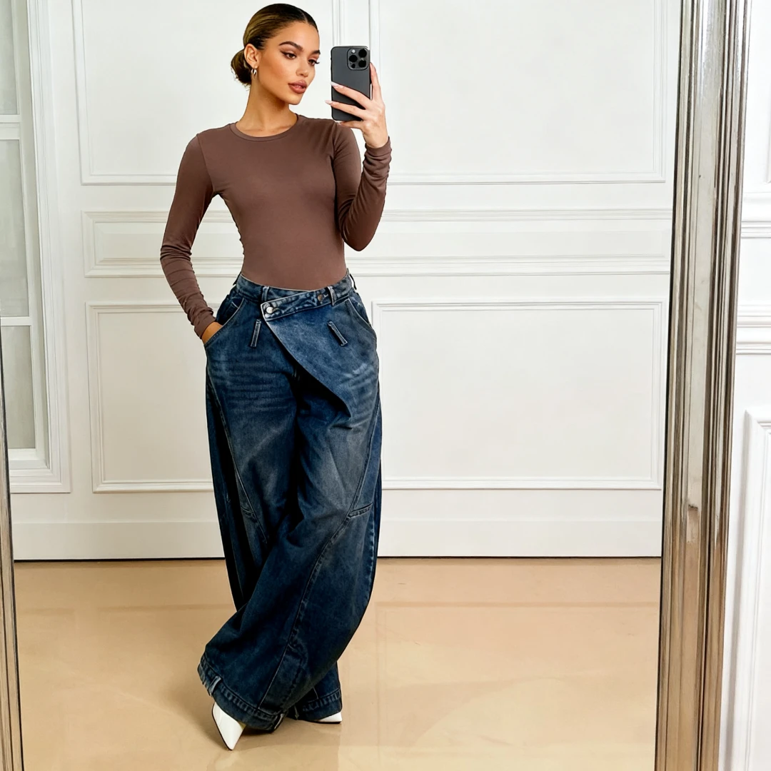 Spodnie Mom Jeans z szerokimi nogawkami damskie, styl vintage, denim punk, luźne spodnie, elastyczne, średni stan, sprane, postarzane, streetwear 2025