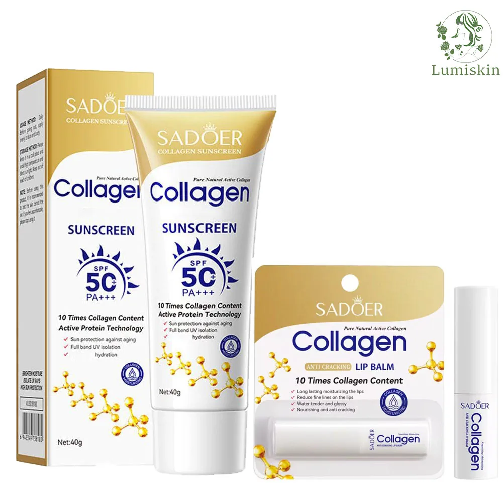 Sadoer Collagen lip balm Hydrating Soothing+SADOER Spf 50+ Collagen Sunscreen Whitening Creams Solar Blocker Anti-aging Facial