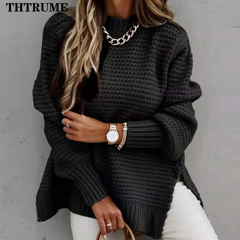 Women Knit Thick Pullovers Fashion Solid Color Autumn Winter Half High Collar Warm Sweater Casual Communte Long Sleeve Jumpers