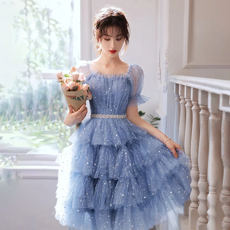 It's Yiiya Bespoke Occation Dress Blue Bling Tulle Square Collar Short Sleeves A-line Tiered Knee-length Plus size Evening Gown