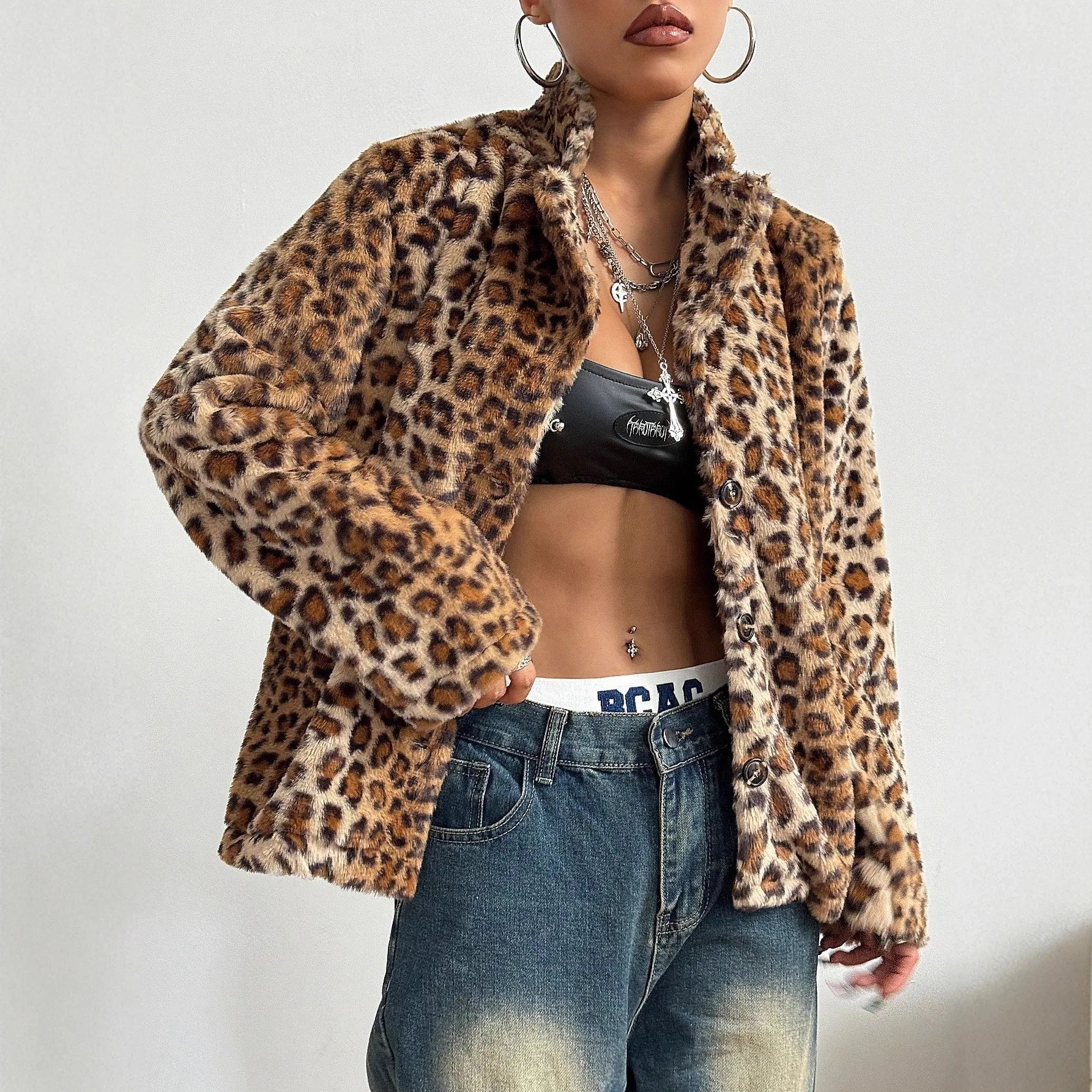 

Women's Winter Leopard Print Parka Coat Faux Rabbit Fur Lined Jacket Turndown Collar Warm Trench Coat Chic Elegant Commuting