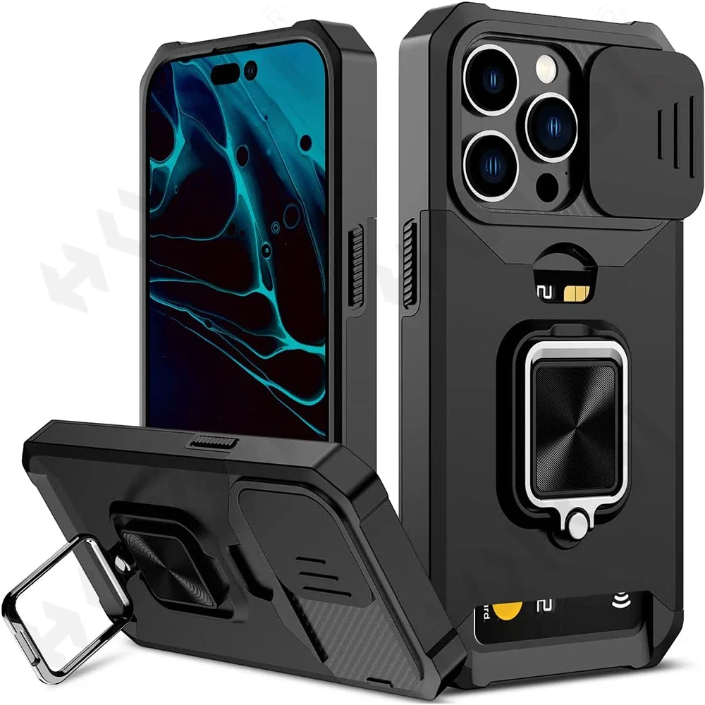 Case For iPhone 16 15 14 13 12 11  Pro Max XS XR Plus Slide Camera Card Holder Slot Duty Wallet Protective With Ring Stand Cover