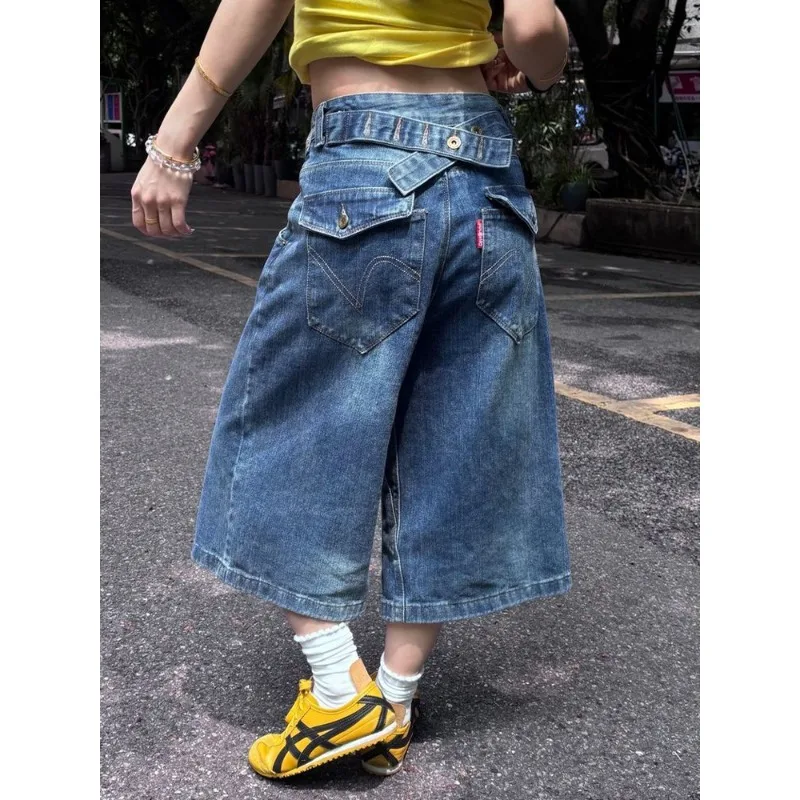 Vintage American High Waist Adjustable Buckle Jeans Women Soft Distressed Light Blue Capri Denim Pants 2026 Casual Daily Wear