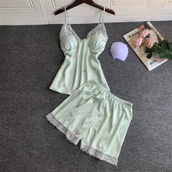 Sexy Women's Pajamas Set Satin Lace Edge Printed Suspender Shorts Two-Piece Sleepwear Loose Casual Home Clothes Nightwear