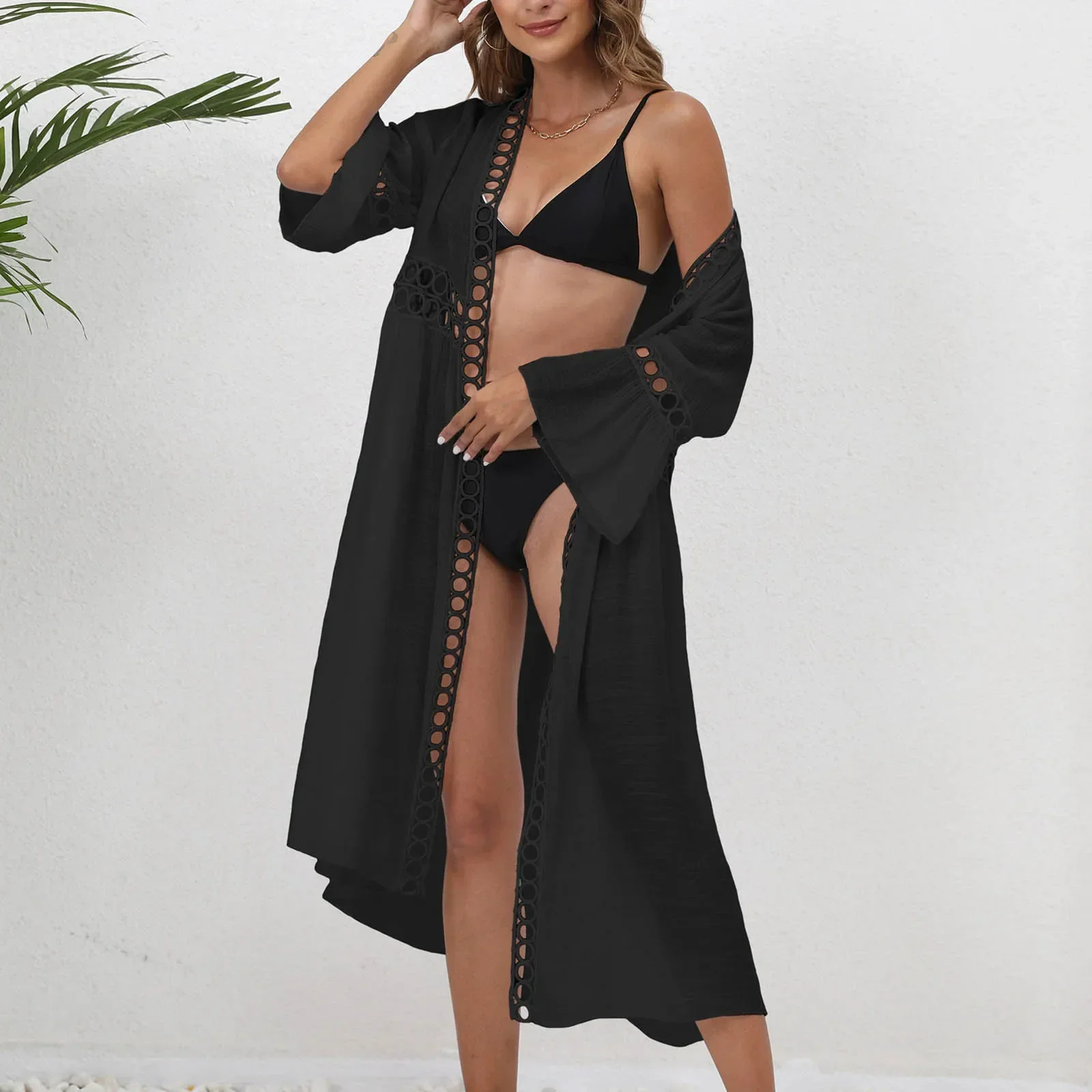 

Womens Resort Bikini Cover Up Blouse Loose 3/4 Sleeve Lace Splicing Sunscreen Cardigan Hot Swimsuit Outdoor Robe Swimwear