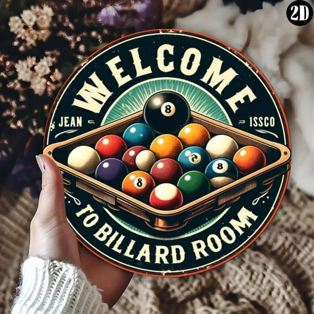 Vintage Welcome To Billiard Room Round Metal Tin Sign,Retro Aluminum Wall Plaque Decor for Game Room Bar Man CaveClub Wall Art