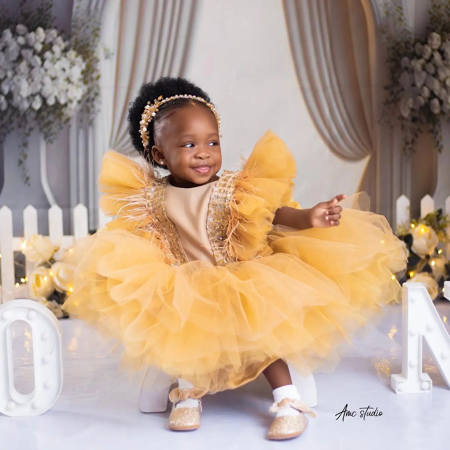 Vestido De Flor De Pena De Ouro Para Meninas, Babados, Comprimento Do Tornozelo, Vestido De Primeira Comunhão, Fotos De Aniversário, Vestidos De Tiro Para Festa