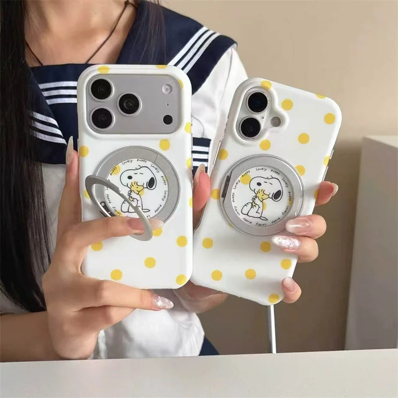 Funny Cute Snoopy Woodstock Yellow Polka Dot Phone Case for iPhone 15 16 17 Pro Max 360 degree Rotating Bracket Shockproof Cover