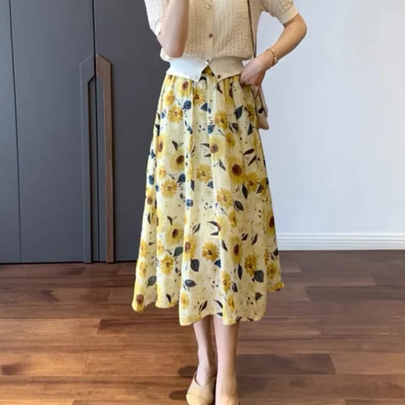 Floral Skirts Women Sunflower Spring Prairie Chic Sweet Korean Fashion A-line Casual Elastic Female Mid-calf Vintage Streetwear