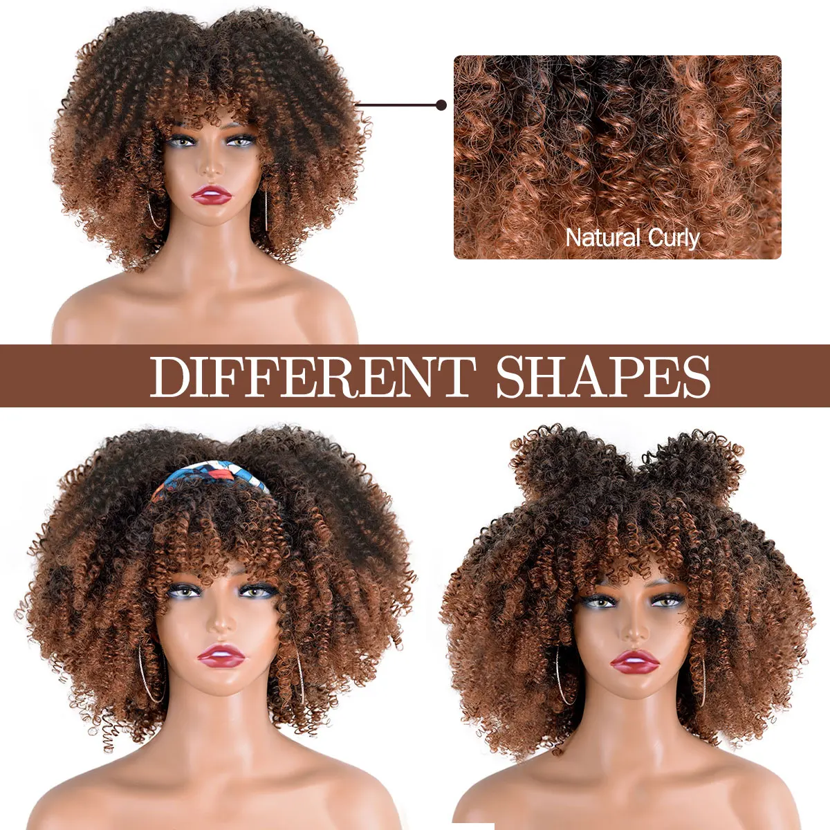 Wig keriting coklat Cosplay sintetis Wig keriting keriting ikal Afro pendek dengan poni untuk WANITA HITAM Ombre coklat halus Wig keriting keriting Afro