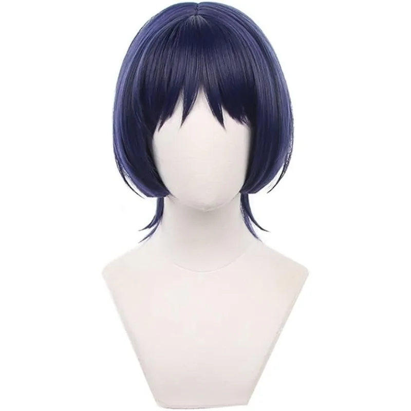 

Short Blue Mixed White Cosplay Scaramouche Wig Halloween Custum Party Wig for Adult Synthetic Hair