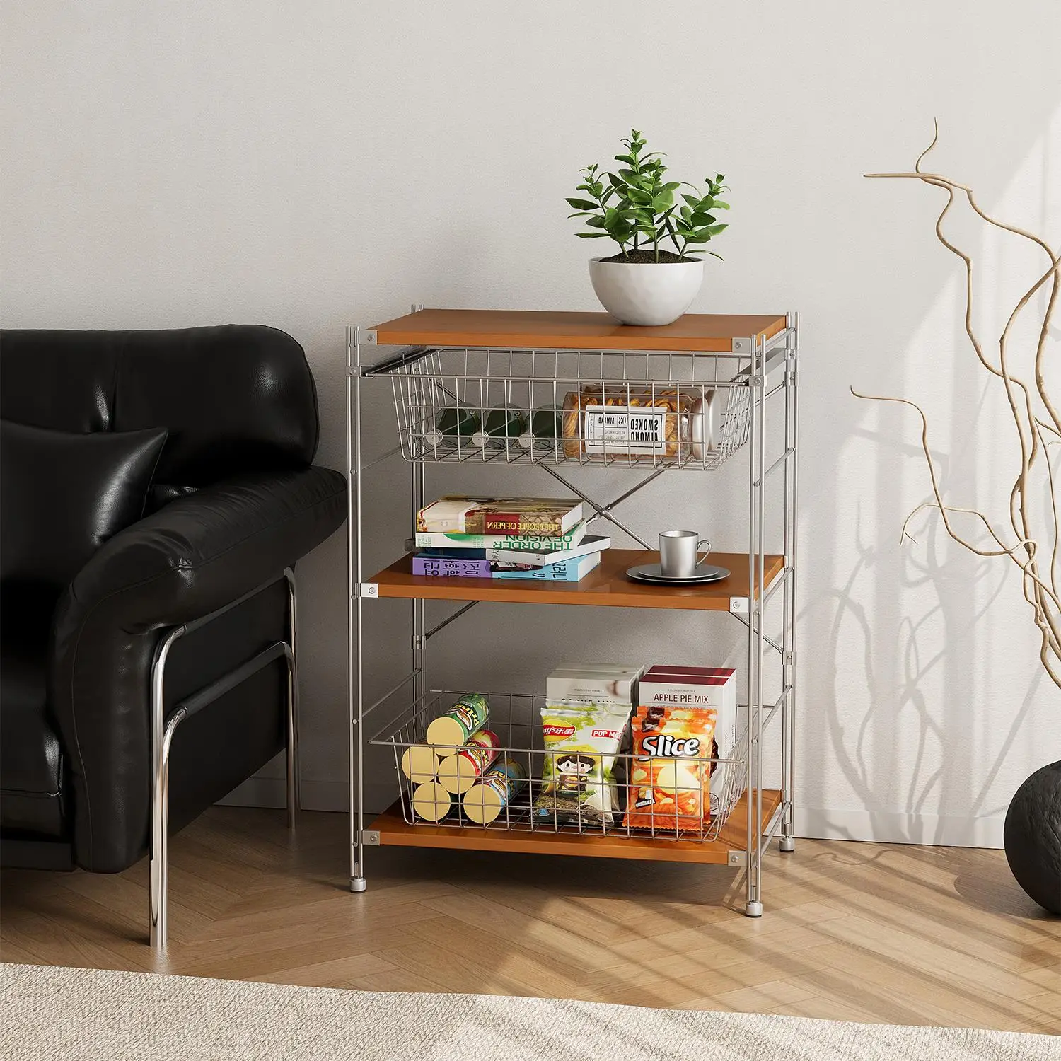 رف خزانة من الخشب الصلب رف تخزين أرضية من الفولاذ المقاوم للصدأ لغرفة المعيشة رف روبوت كنس #4