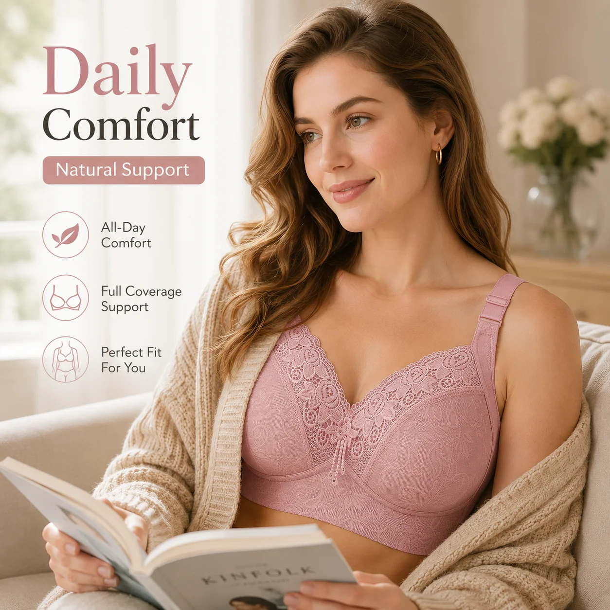 Women's Wireless Full Coverage Lace Bra Soft Support Wide Straps Non Padded Everyday Comfort Breathable Bralette 36-46/80-105