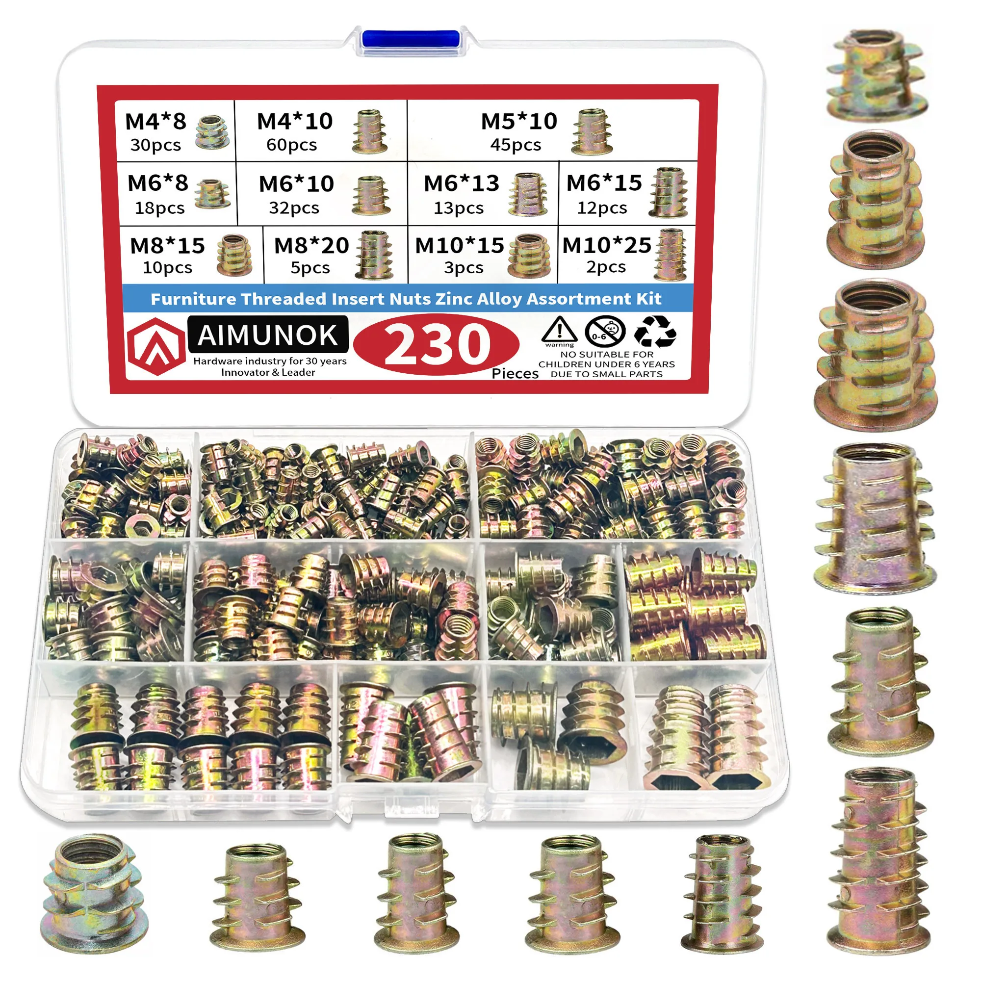 

230pcs Threaded Inserts Nuts, Threaded Wood Inserts Nuts Assortment Tool Kit, 11 Sizes Metric M4/M5/M6/M8/M10 Hex Socket Dri