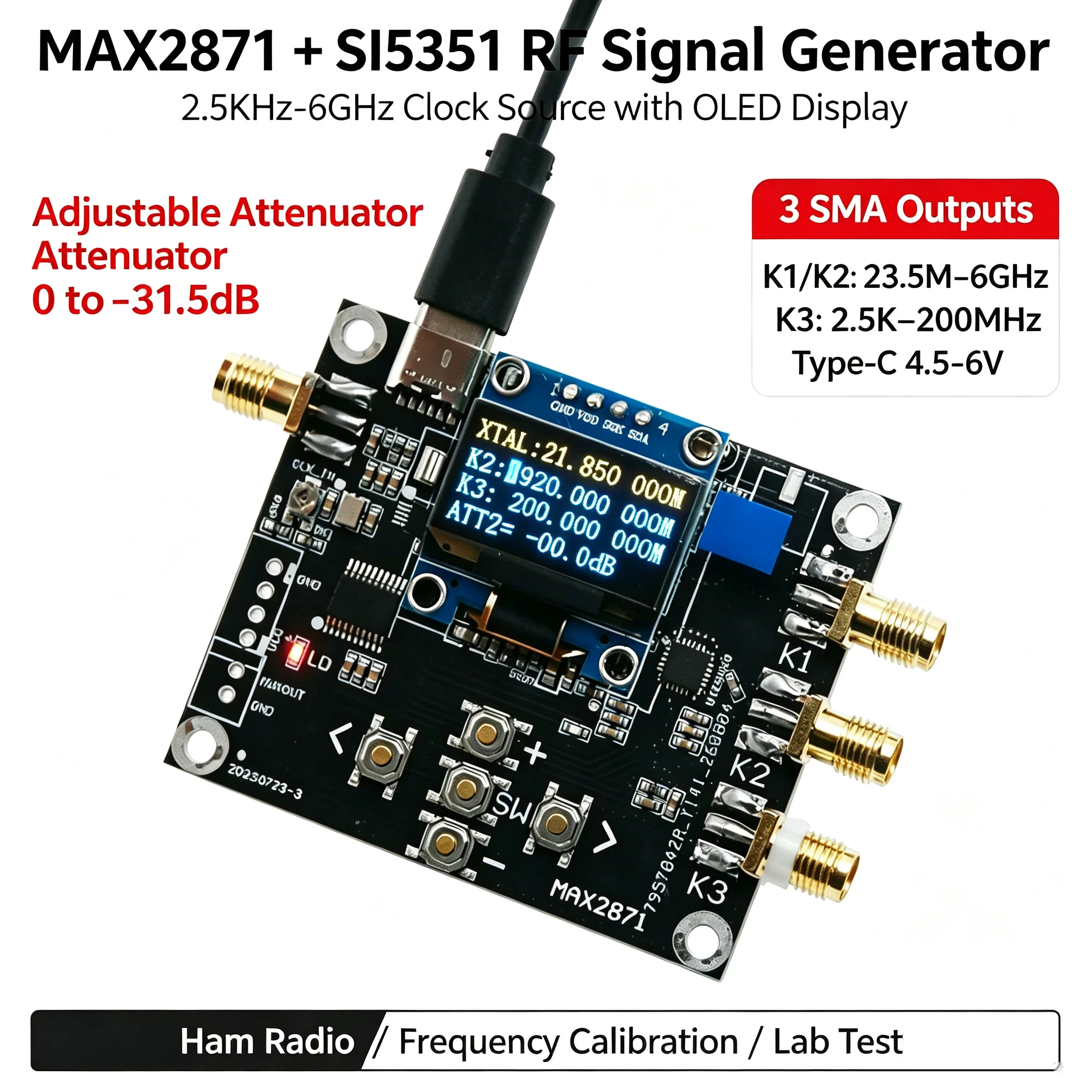 2.5KHz–6000MHz MAX2871 +SI5351 Signal Generator Clock Source OLED Display W RF Attenuator -31.5dB  FOR Ham Radio Frequency METER