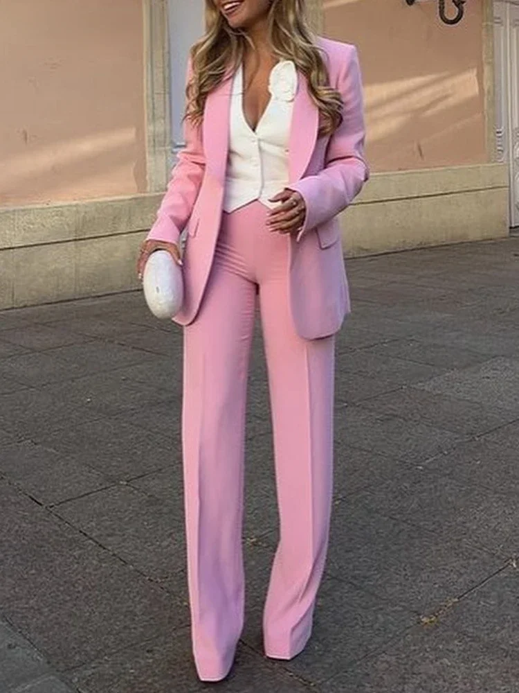 Women's Blazer 2024 New Autumn Elegant Casual Office Lady Pink Jacket Coat Fashion High Waist Loose Wide Leg Trousers Pant Suit