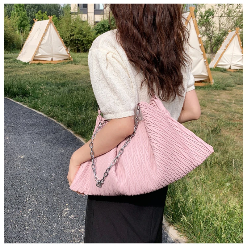 Casual Soild Ruched Shoulder Bags PU Zipper Large Capacity Bags for Women 2024 Fashion Brand Tote Hot Sale Bolsas De Hombro