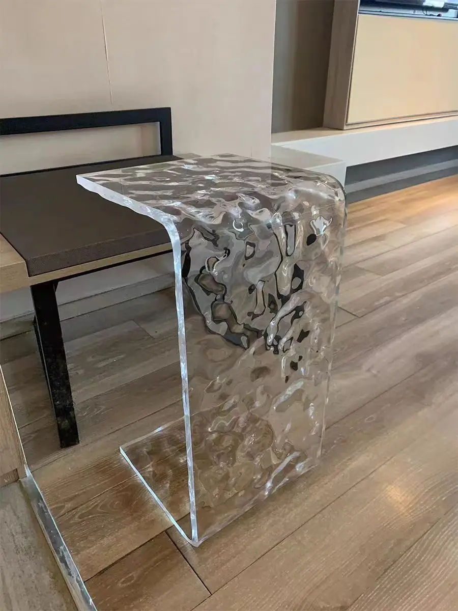 Modern Acrylic Water Ripple Pattern Edge Table Sofa Luxury Small Side Table Bay Window Small Coffee Table Transparent Corner Tab