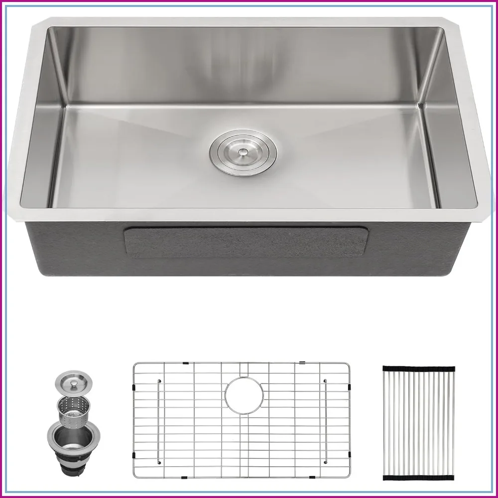 

30 Inch Undermount Kitchen Sink, 16 Gauge Stainless Steel Single Bowl with Accessories