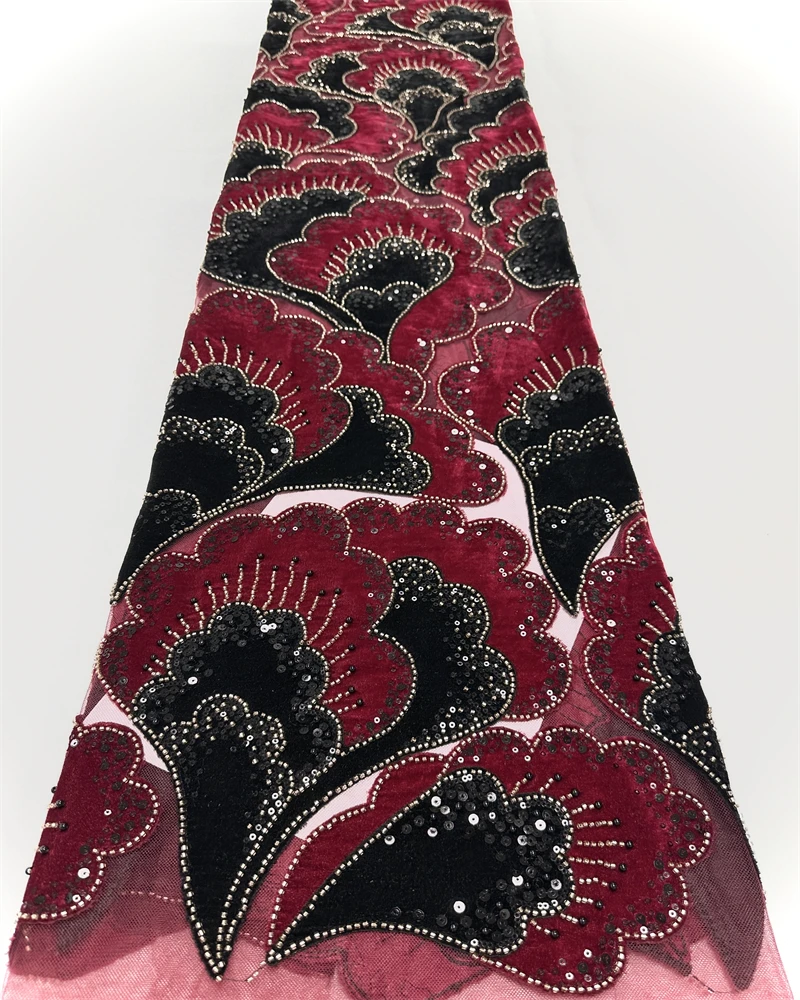 Abito da sera per feste in tessuto di pizzo ricamato con paillettes in rete di velluto francese di lusso con perline africane di nuovo design