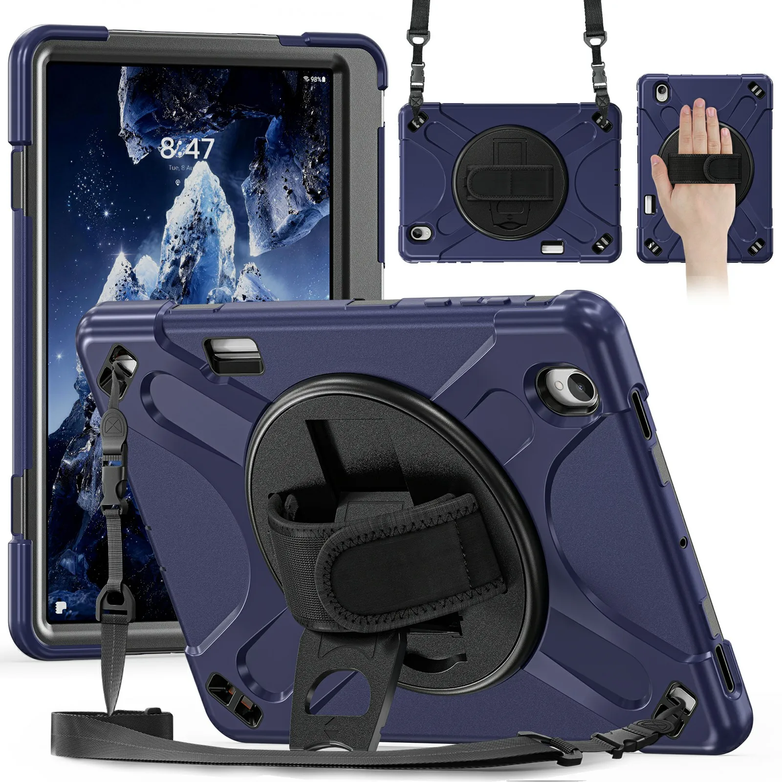 For Samsung Galaxy Tab S12+ Kickstand Case TPU PC Silicone Tablet Cover with Hand Band  /  Shoulder Strap - Navy Blue