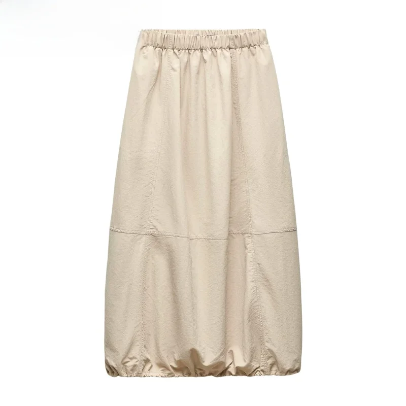 

High Waist Elastic Waist Balloon Midi Skirt New Autumn Arrival Nylon f Body Skirt Versatile A-Line Midi Skirt Pure Color