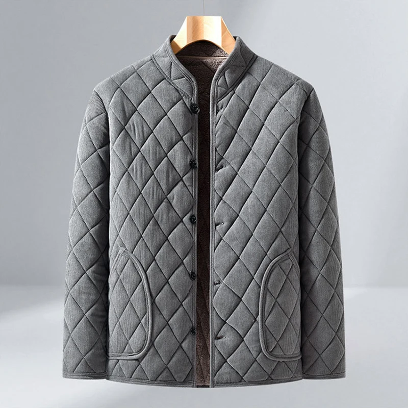 

2025 Winter Men's Cotton Jacket For Middle Aged Elderly Dad Grey Quilted Button Thicken Plush Cotton Coat Windproof Warm2XL-5XL