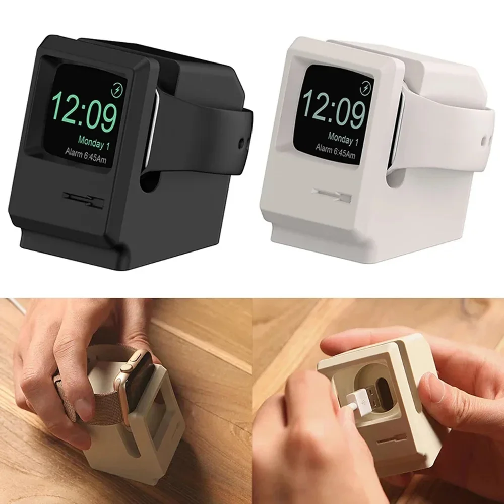

For Apple Watch 7 6 5 4 iWatch 3 2 1 Silicone Stand Charging Dock Holder Retro Computer Pattern Nightstand Keeper Bracket Base