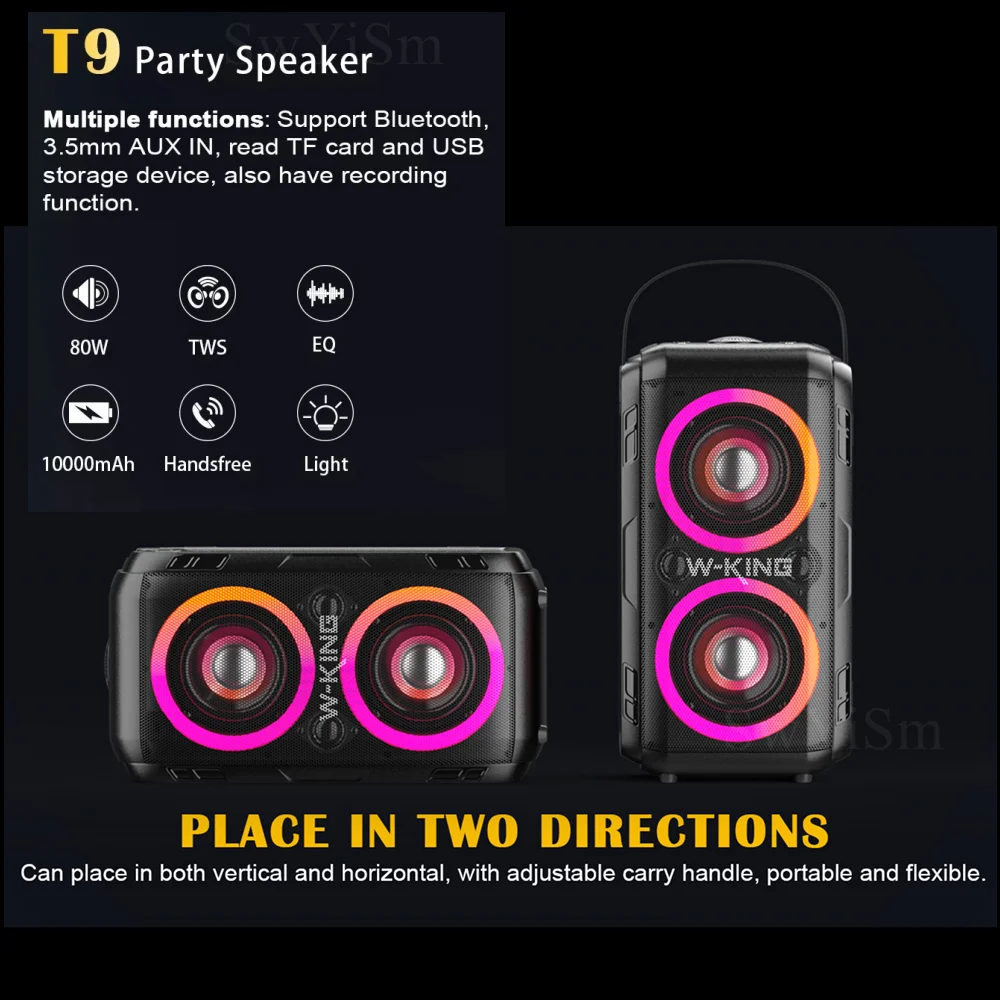 W-KING T9 80W Wireless Portable Stereo Subwoofer Bluetooth Speakers LED Ambient Light TWS Function Outdoor Family Party Karaoke