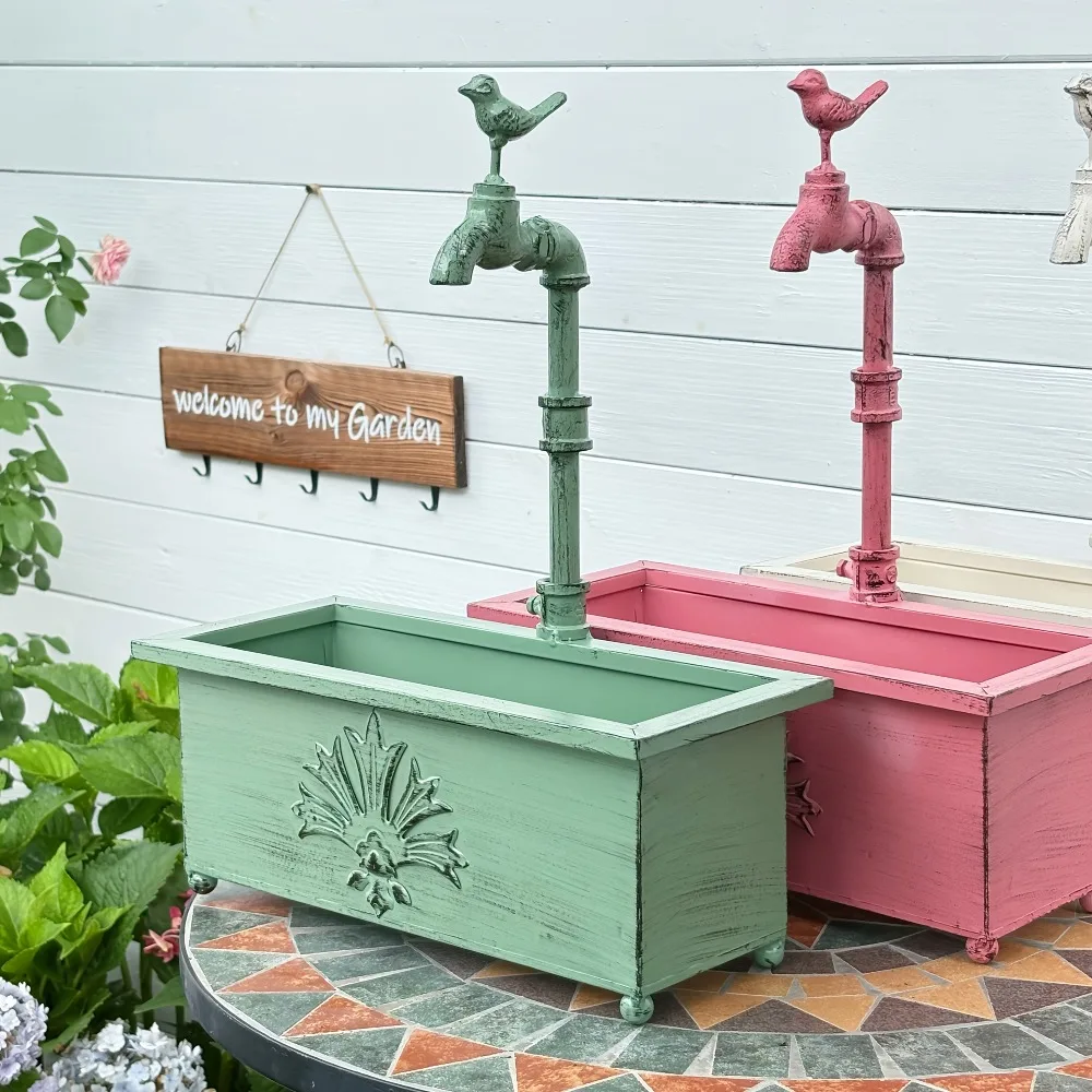 

Faucet Metal Rectangular Flower Pot Vintage Flower Planter Container Vase Farmhouse Decor for Indoor Outdoor Garden Decorative
