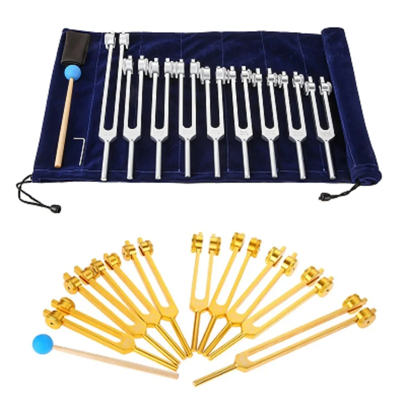 

9Pcs Gold/silver Chakra Weighted Tuning Forks Set for DNA Healing, Sound Therapy, Chakra, Keep Body, Mind,Yoga with Bag & Hammer