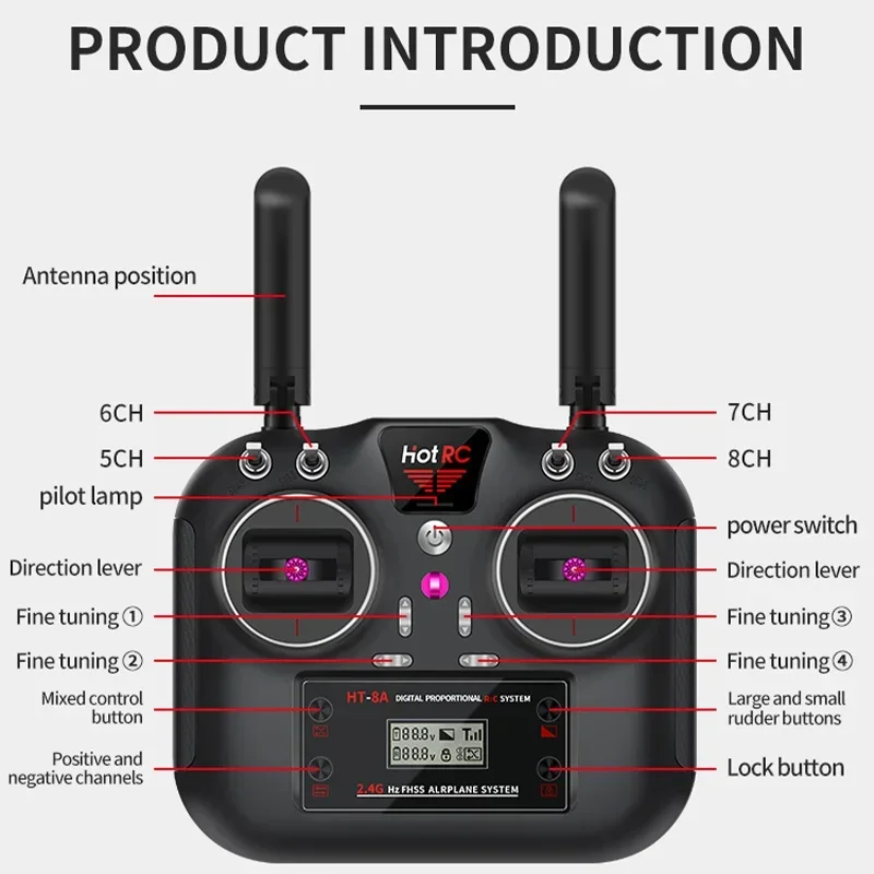 Hotrc-HT-8A Transmissor com Receptor para Aeronaves Não Tripuladas Barcos Robô e Veículos, 2.4g, 8ch, Fhss, Gfsk, Controle Remoto