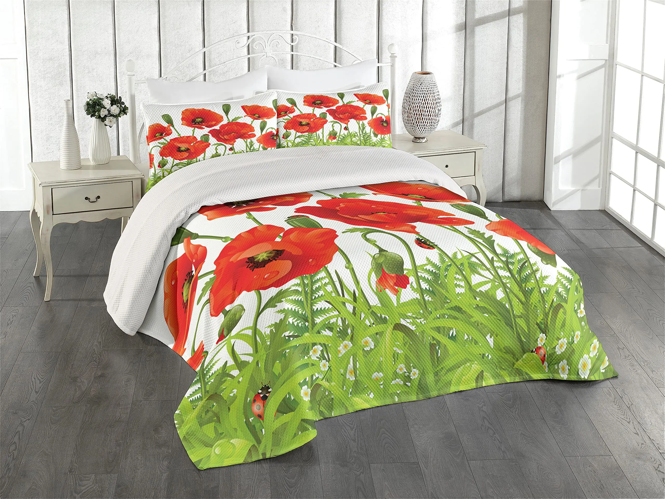 Floral Duvet Cover Set, Poppies of Spring Season Decor 3 Piece Bedding Set with 2 Pillow Shams, King Queen Full Size Home Decor