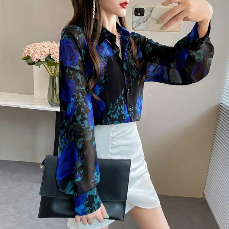 Spring Summer New Turn Down Collar Floral Print Shirt Ladies Lantern Long Sleeve Cardigans Top Women Loose Casual Fashion Blouse