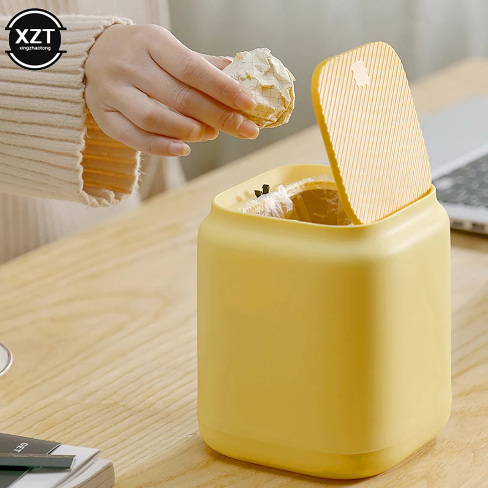 Newest Desktop Portable trash can Creative small office press flip paper basket cute Large capacity square mini trash can