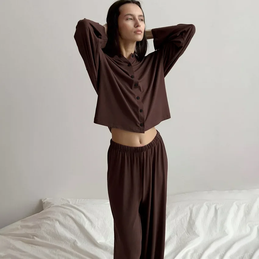 Women's Pajamas Sets 2024 Simple New Thin Knitted Long-sleeved Long Pants Casual Outwear Loungewear Clothes Women