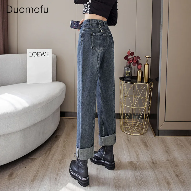 Duomofu-Jeans lavado de cintura alta feminino, básico, fino, coreano, comprimento total, simples, clássico, reto, moda feminina, primavera, chique, novo