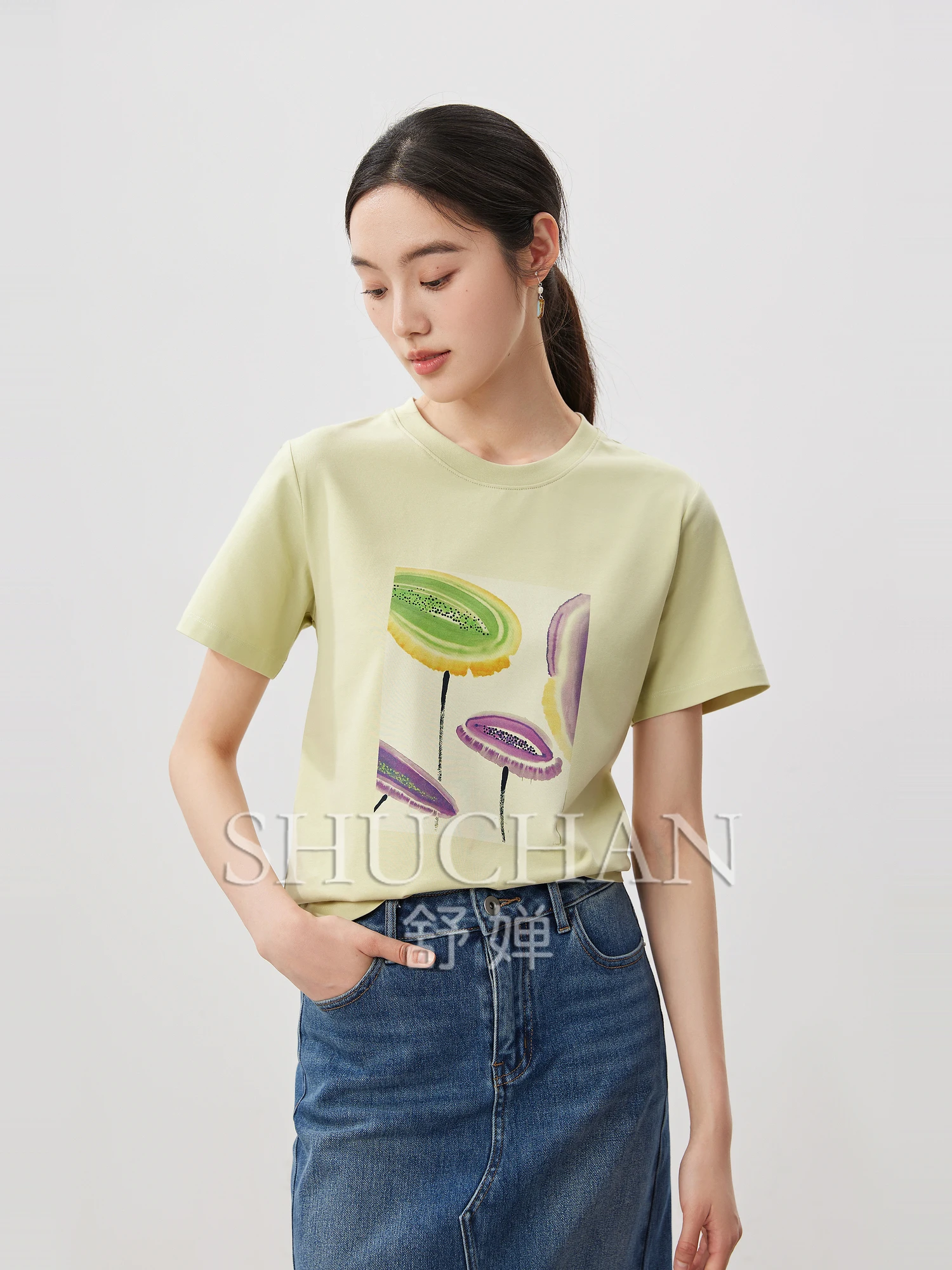 

Summer Literary Abstract Ink and Plant Printing, Lyocell Cotton Round Neck Short-sleeved T-shirt Women