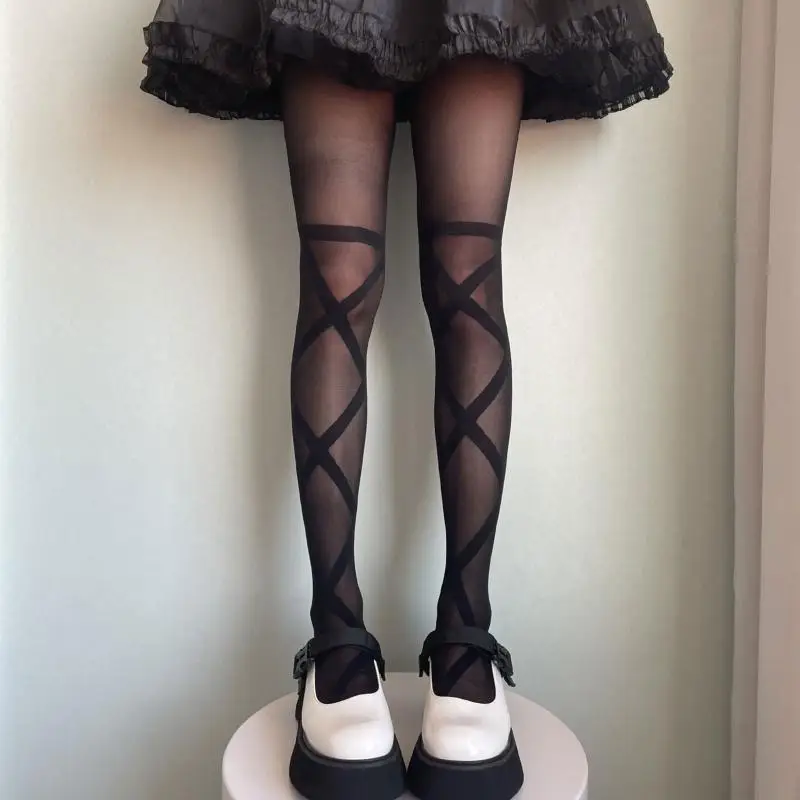 195E النساء لوليتا رقيقة حريري جوارب طويلة اليابانية القوطية أنيمي وهمية ل الصليب ضمادة الملاك الجناح منقوشة تأثيري الجوارب #2