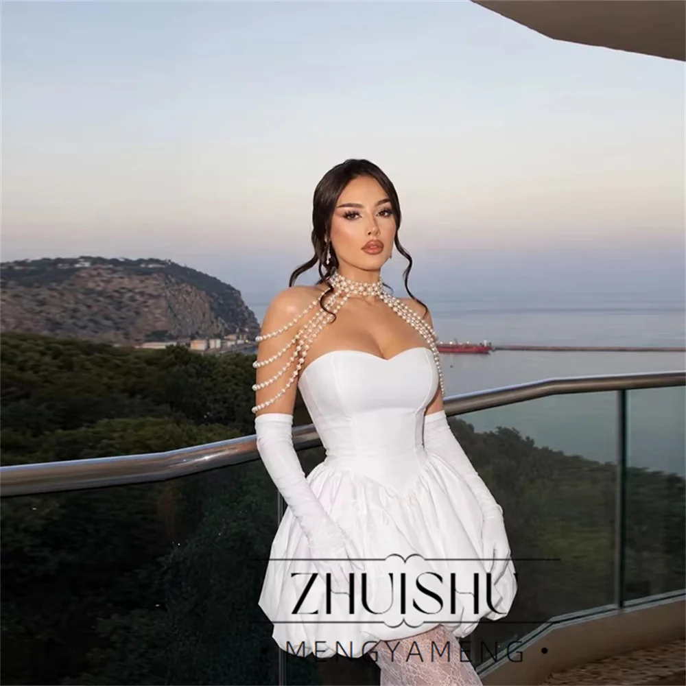 ZHUISHU Customized Elegant Bubble Bridal Gowns Satin Mini Wedding Dress Strapless Pearl Necklace Chain Gloves Vestidos De Novia