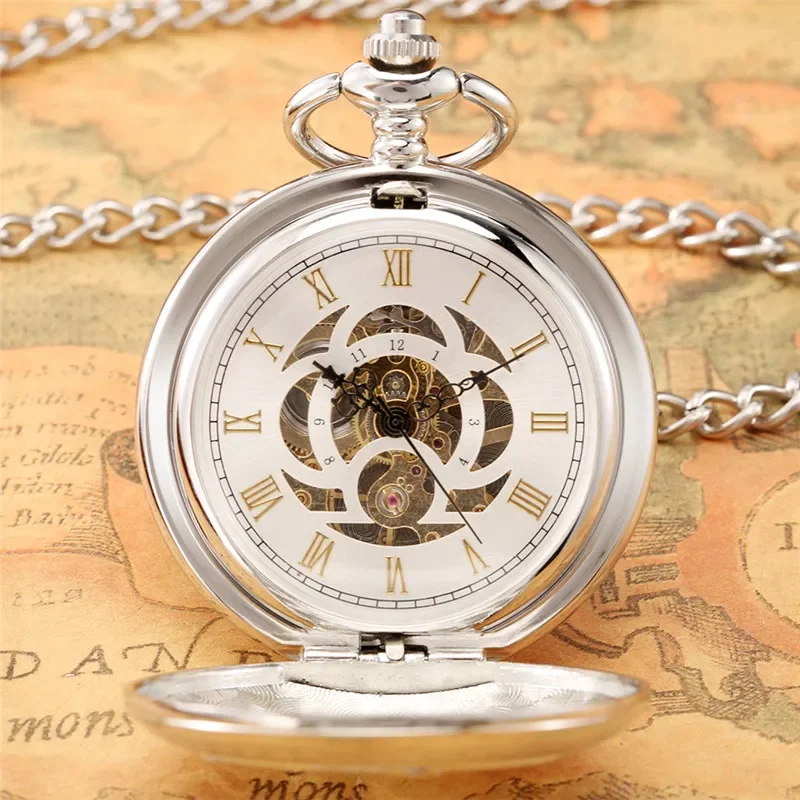 Steampunk Silver Locomotive Steam Train Clock Unisex Hand Winding Mechanical Pocket Watch Roman Number Pendant Chain reloj