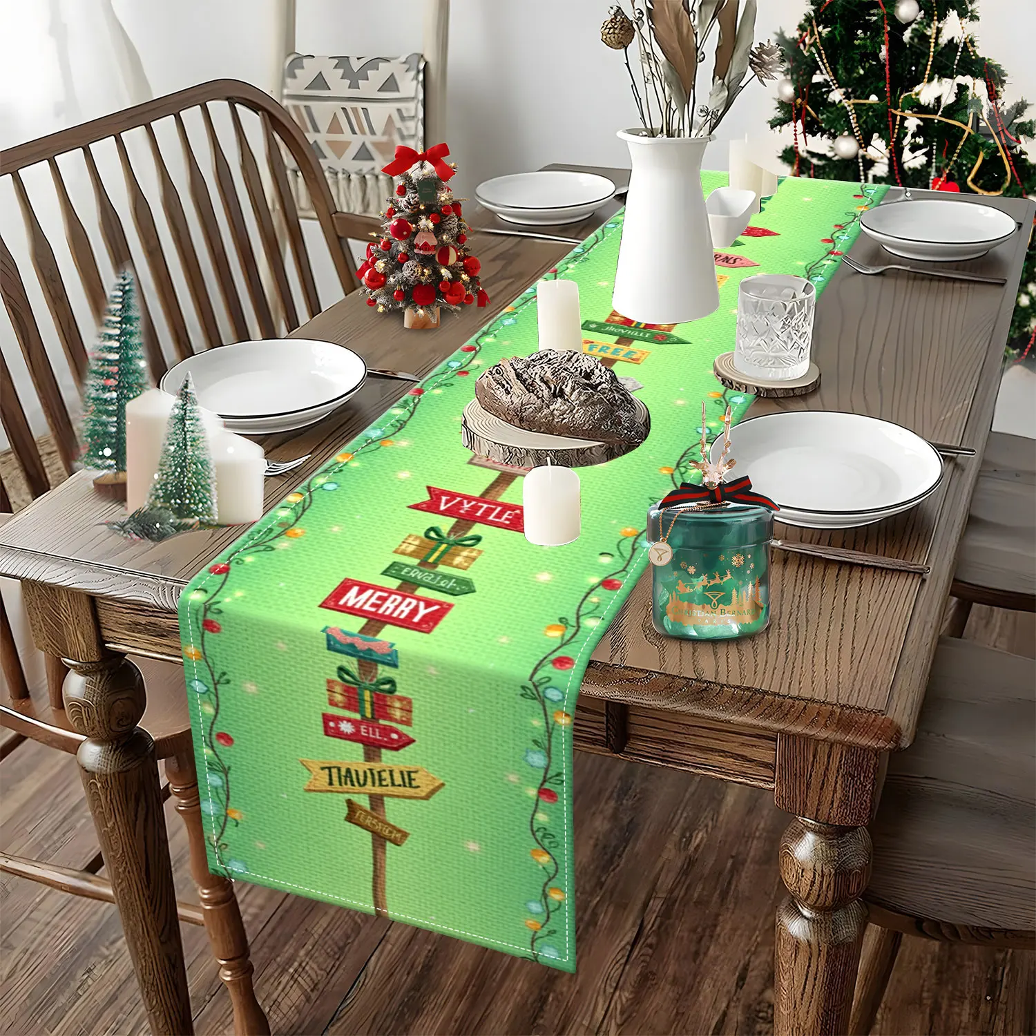 قطعة واحدة من مفرش طاولة بطابع عيد الميلاد، تتميز بعلامات ملونة وعناصر ضوئية، مناسبة لحفلات عيد الميلاد ومشاهد تزيين المنزل الاحتفالي #4