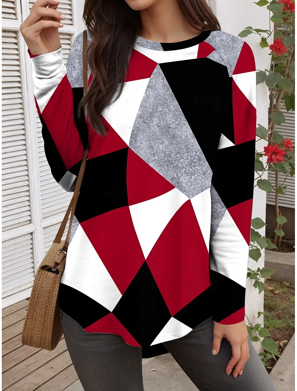 

Summer Fashion Women's Graphic Geometric Abstract O-Neck Long Sleeve T-Shirt Casual Tops Womens Clothing Harajuku Pullover